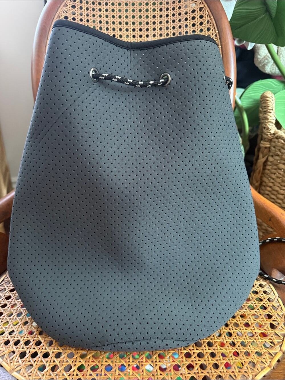 NWOT Punch Black Perforated Waterproof Neoprene Drawstring Backpack Tote Bag